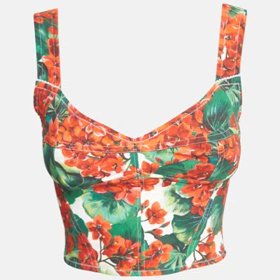 Pre-owned Dolce & Gabbana Red Floral Print Crepe Sleeveless Corset Crop Top Xs