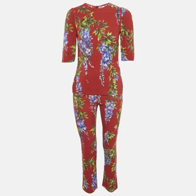 Pre-owned Dolce & Gabbana Red Floral Print Crepe Top And Pants Set S