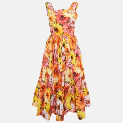 Pre-owned Dolce & Gabbana Red Floral Print Poplin Midi Dress Xs