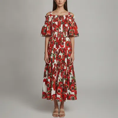 Pre-owned Dolce & Gabbana Red Floral Print Poplin Off-shoulder Midi Dress L In White