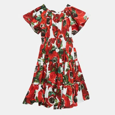 Pre-owned Dolce & Gabbana Red Floral Print Poplin Tiered Dress 24-30 M