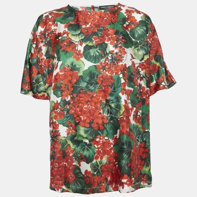 Pre-owned Dolce & Gabbana Red Floral Print Silk Blouse L