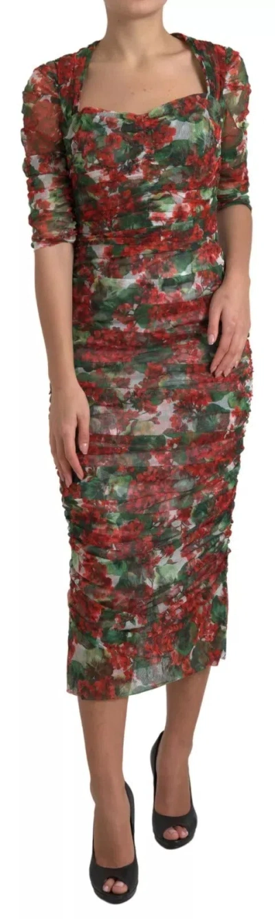 Pre-owned Dolce & Gabbana Red Floral Print Tulle Sheath Midi Women's Dress ()