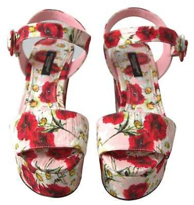 Pre-owned Dolce & Gabbana Red Floral Print Wedges Ankle Strap Sandals Sz 5-7