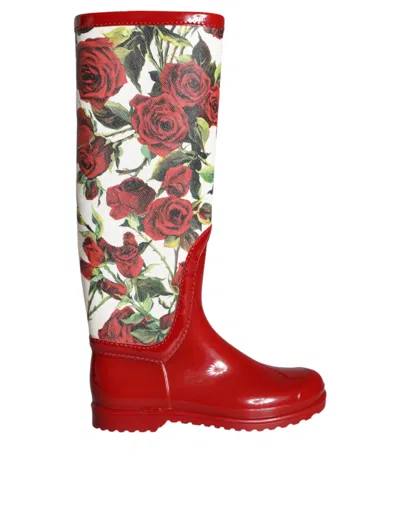 DOLCE & GABBANA RED FLORAL RUBBER KNEE HIGH FLAT BOOTS SHOES