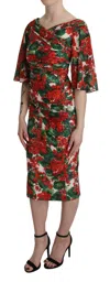 Dolce & Gabbana Red Floral Sheath Midi Silk Stretch Women's Dress In Multi