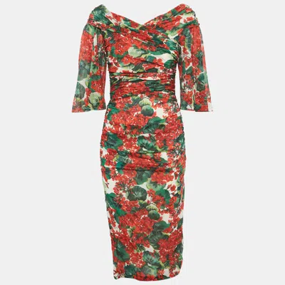 Pre-owned Dolce & Gabbana Red Geranium Print Silk Chiffon Ruched Dress S In Multi