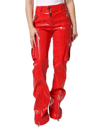 DOLCE & GABBANA RED GLOSSY POLYESTER CARGO BOOT CUT PANTS