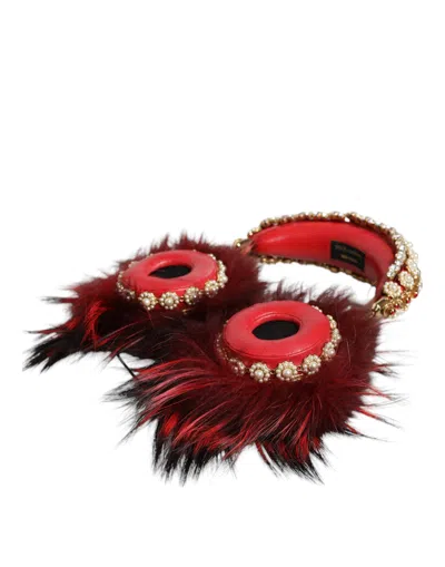 Dolce & Gabbana Red Gold Crystal Fur Headset Audio Aux Headphones Brass Accessory