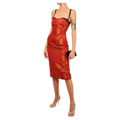 Pre-owned Dolce & Gabbana Red Gold Floral Print Oriental Asian Style Bustier Midi Dress