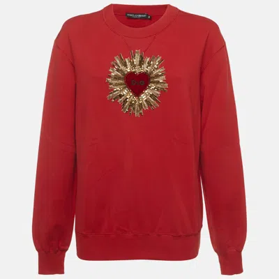 Pre-owned Dolce & Gabbana Red Heart Embellished Cotton Knit Sweatshirt S