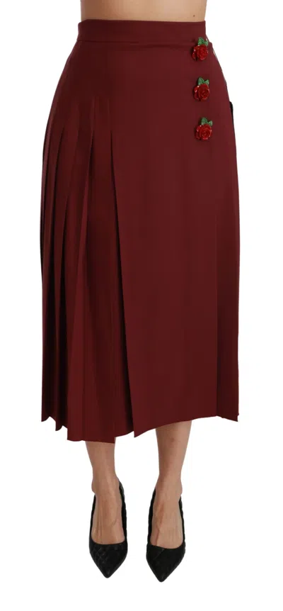 Dolce & Gabbana Red High Waist Pleated Maxi Wool Women's Skirt