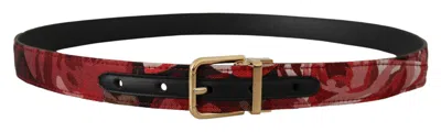 Dolce & Gabbana Red Jacquard Rose Leather Gold Metal Buckle Men's Belt In Brown