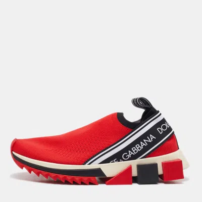 Pre-owned Dolce & Gabbana Red Knit Fabric Sorrento Slip On Sneakers Size 36.5