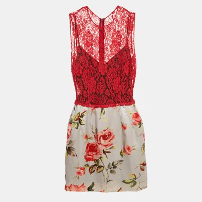 Pre-owned Dolce & Gabbana Red Lace And Floral Print Satin Mini Dress M