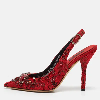 Pre-owned Dolce & Gabbana Red Lace And Mesh Crystal Embellished Slingback Pumps Size 37