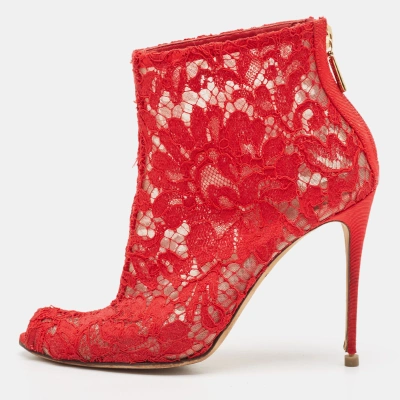 Pre-owned Dolce & Gabbana Red Lace And Mesh Peep Toe Ankle Boots Size 36