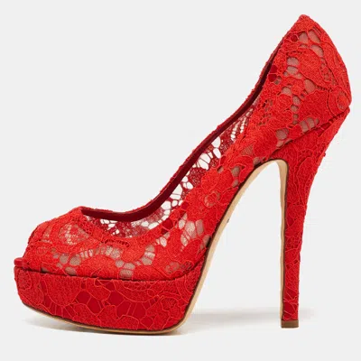 Pre-owned Dolce & Gabbana Red Lace And Satin Peep Toe Platform Pump Size 40