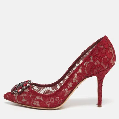 Pre-owned Dolce & Gabbana Red Lace Crystal Embellished Bellucci Pointed Toe Pumps Size 40