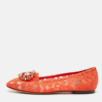 Pre-owned Dolce & Gabbana Red Lace Crystal Embellished Taormina Ballet Flats Size 39