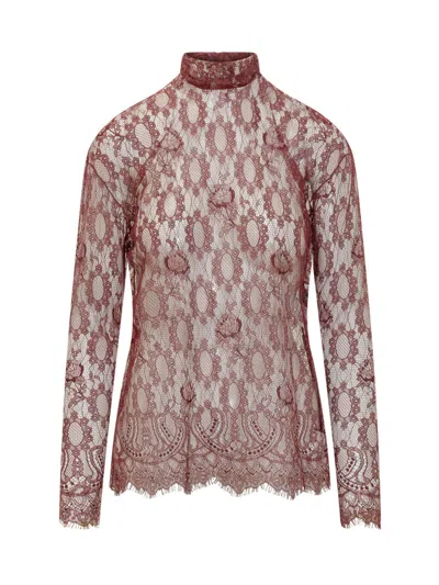 Dolce & Gabbana Red Lace Mock Collar Top In Brown
