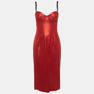 Pre-owned Dolce & Gabbana Red Lame Knit Sleeveless Midi Dress M