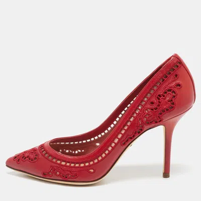 Pre-owned Dolce & Gabbana Red Leather And Lace Laser Cutout Pumps Size 36.5