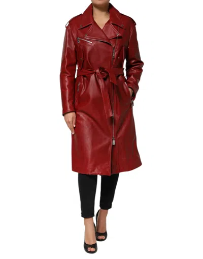Pre-owned Dolce & Gabbana Red Leather Belted Full Zip Trench Coat Women's Jacket ()