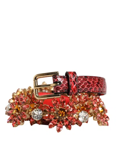 Dolce & Gabbana Red Leather Daisy Crystal Embellished Waist Women's Belt