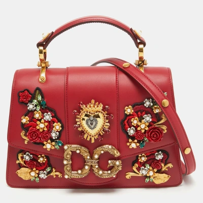 Pre-owned Dolce & Gabbana Red Leather Dg Amore Crystals Top Handle Bag
