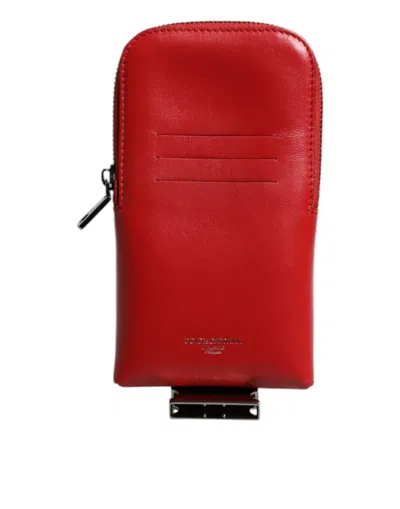 Pre-owned Dolce & Gabbana Red Leather Logo Zip Around Card Holder Wide Strap Men's Wallet ()