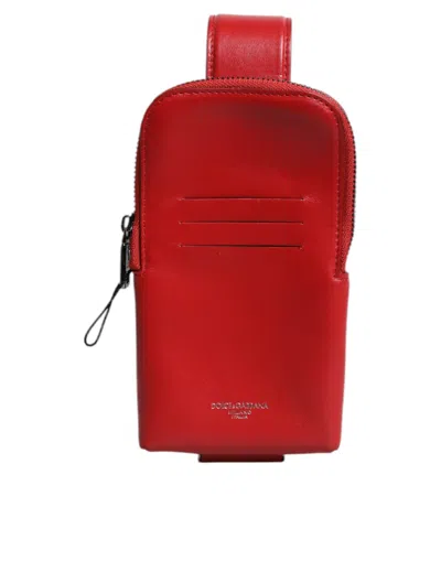 Pre-owned Dolce & Gabbana Red Leather Logo Zip Around Card Holder Wide Strap Men's Wallet ()