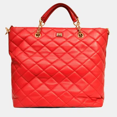 Pre-owned Dolce & Gabbana Red Leather Quilted Chain Handle Large 'shopper' Tote Bag