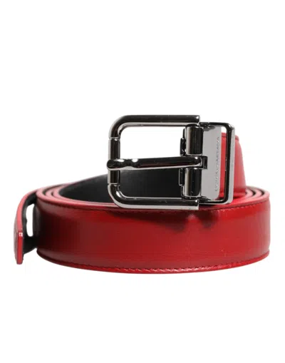 Dolce & Gabbana Red Leather Silver Tone Metal Buckle Men's Belt