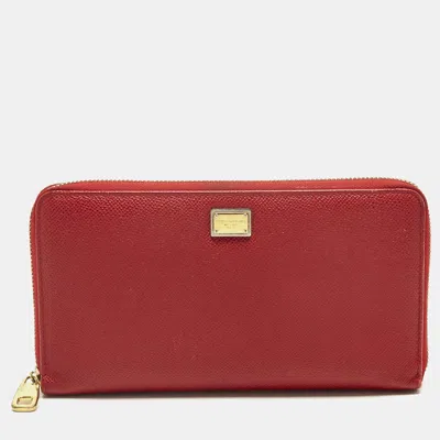 Pre-owned Dolce & Gabbana Red Leather Zip Around Wallet
