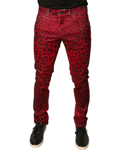 Dolce & Gabbana Red Leopard Cotton Stretch Skinny Denim Men's Jeans