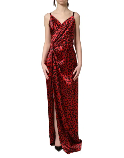 Dolce & Gabbana Red Leopard Draped Sleeveless Maxi Dress In Brown