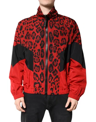 DOLCE & GABBANA RED LEOPARD NYLON BOMBER FULL ZIP JACKET
