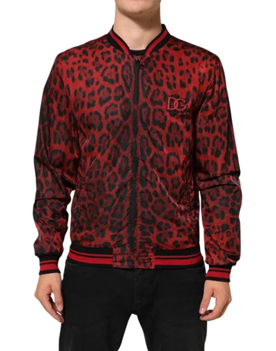 DOLCE & GABBANA RED LEOPARD PRINT FULL ZIP BOMBER MEN JACKET