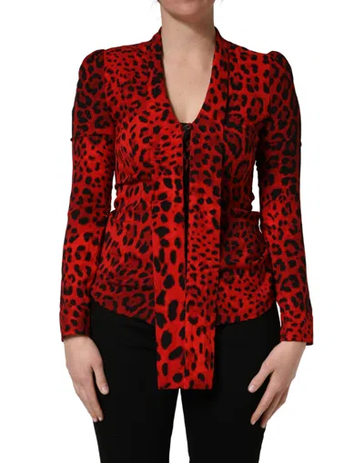 Pre-owned Dolce & Gabbana Red Leopard Print Long Sleeves Blouse Women's Top () In Multi