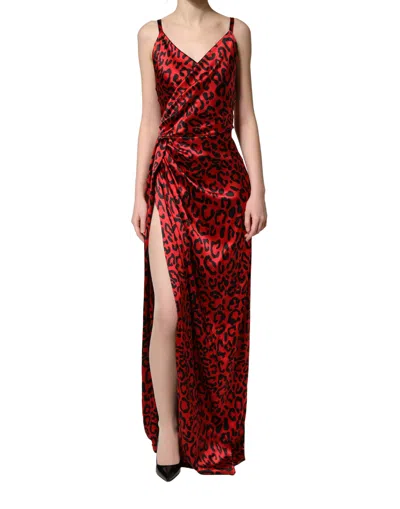 Pre-owned Dolce & Gabbana Red Leopard Print Silk Side Slit Maxi Women's Dress () In Multi