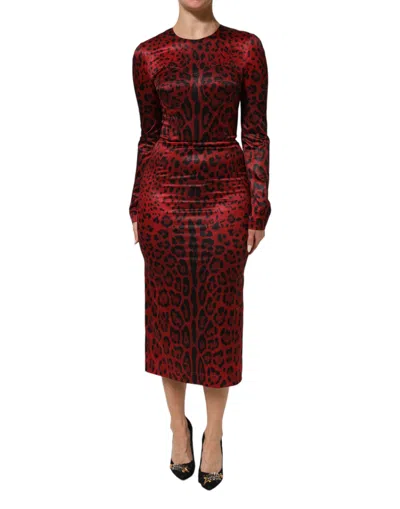 Dolce & Gabbana Leopard Print Sheath Dress Long Sleeves In Brown