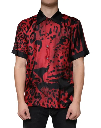 DOLCE & GABBANA DOLCE & GABBANA RED LEOPARD SILK BUTTON DOWN CASUAL MEN'S SHIRT