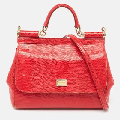 Pre-owned Dolce & Gabbana Red Lizard Embossed Leather Medium Miss Sicily Top Handle Bag