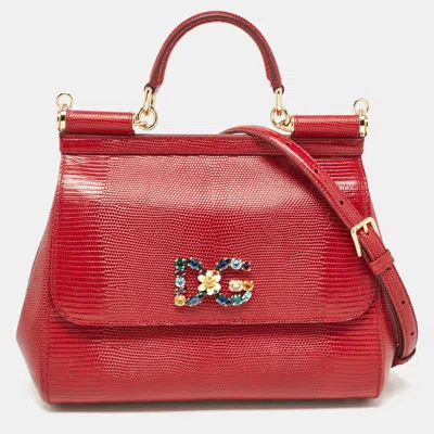 Pre-owned Dolce & Gabbana Red Lizard Embossed Leather Medium Miss Sicily Top Handle Bag