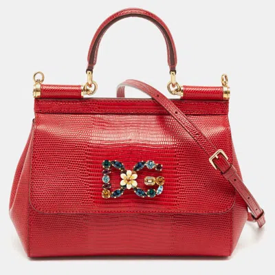 Pre-owned Dolce & Gabbana Red Lizard Embossed Leather Small Crystals Dg Miss Sicily Bag