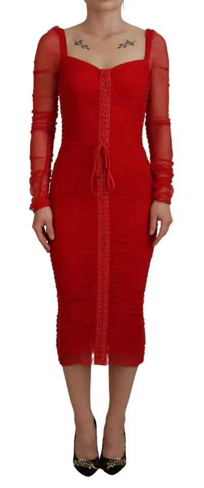 Pre-owned Dolce & Gabbana Red Mesh Trim Bodycon Sheath Midi Women's Dress ()