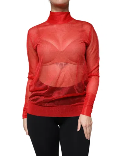 Pre-owned Dolce & Gabbana Red Mesh Turtleneck Long Sleeve Blouse Women's Top ()