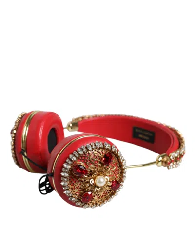 Dolce & Gabbana Red Nappa Leather Floral Crystal Headphone Accessory