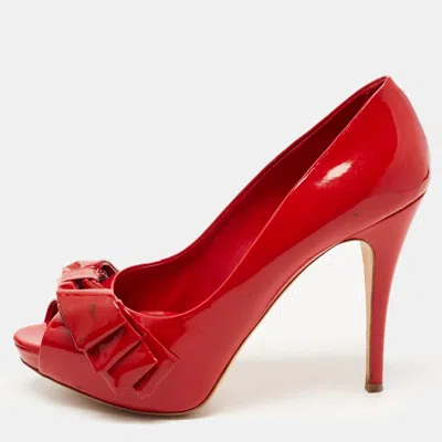 Pre-owned Dolce & Gabbana Red Patent Leather Bow Peep Toe Pumps Size 38.5